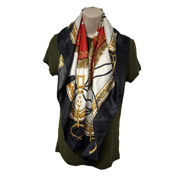 Vintage Square Scarf Equestrian Red Gold Medallions BOHO Renaissance Royalcore - Picture 5 of 5